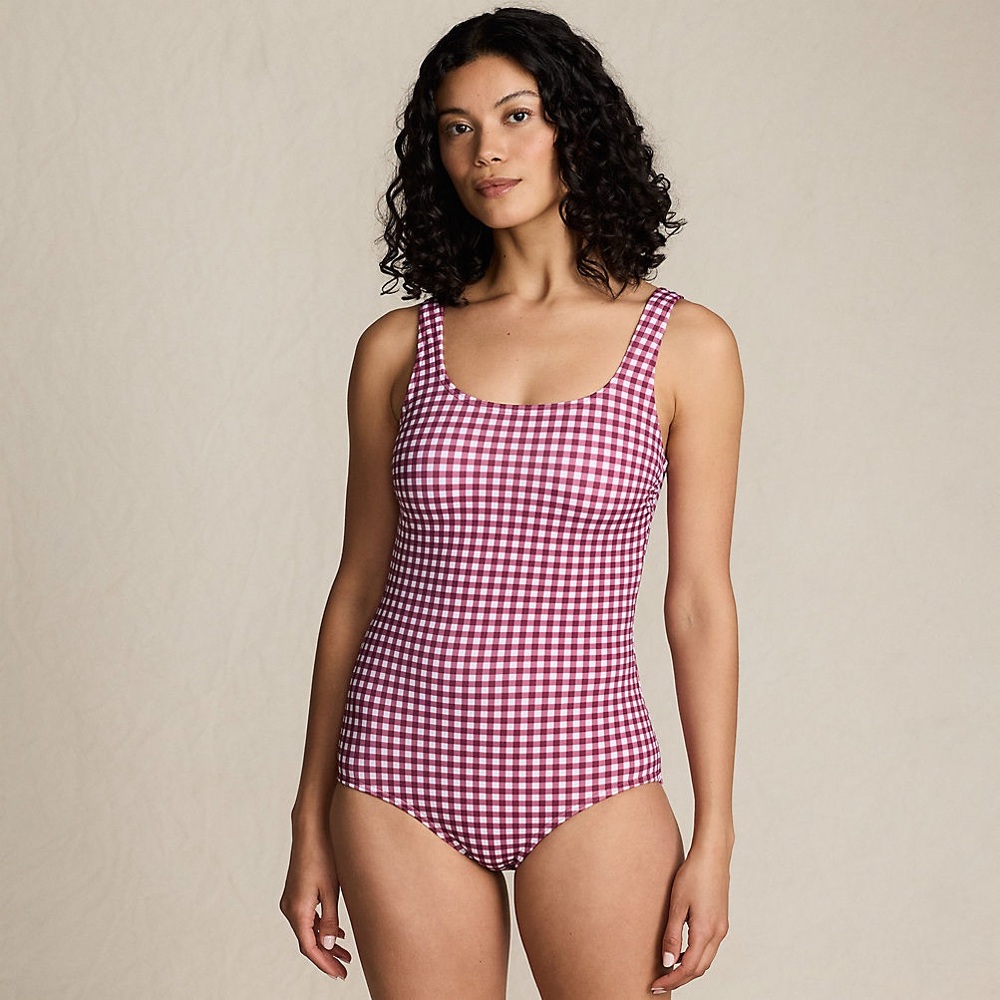 NWT Lands End Women's Tugless Low Leg One Piece Swimsuit in Burgundy Gingham